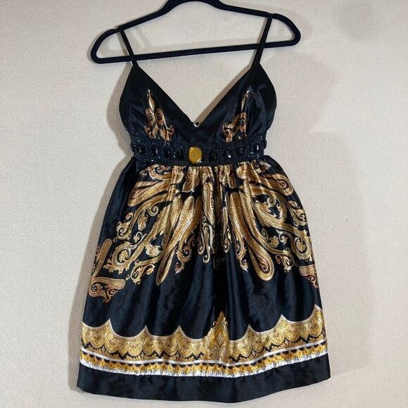 Tramp‎ Babydoll Top Sz Small Black/Gold Satin Rhinestones Maximalist Festival - Picture 1 of 11